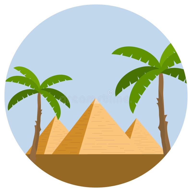 Pirámides egipcias con las palmeras y desierto contra el cielo azul stock de ilustración Pirámides egipcias con las palmeras y desierto contra el cielo azul stock de ilustración