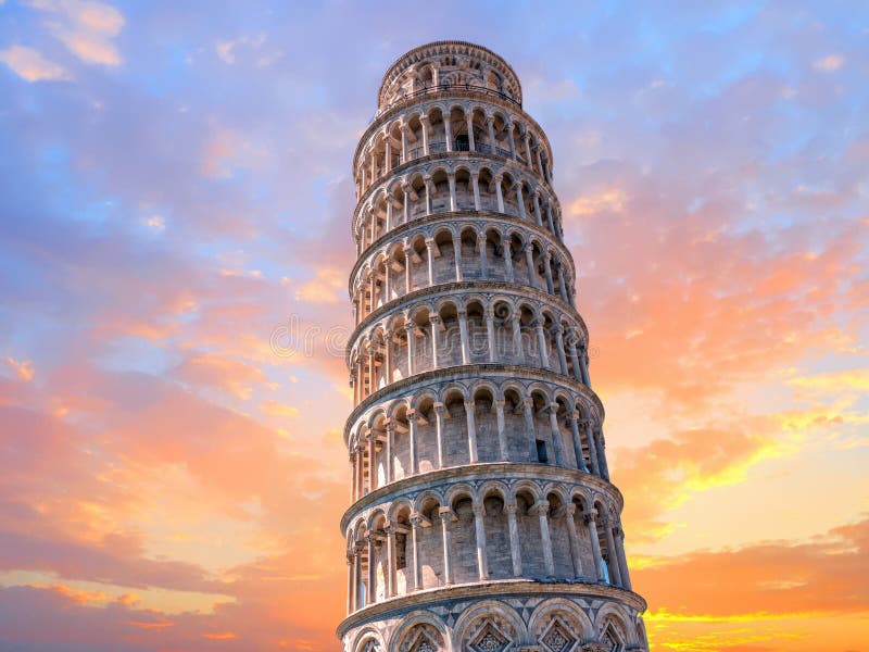 Pisa leaning tower close up detail view at sunset