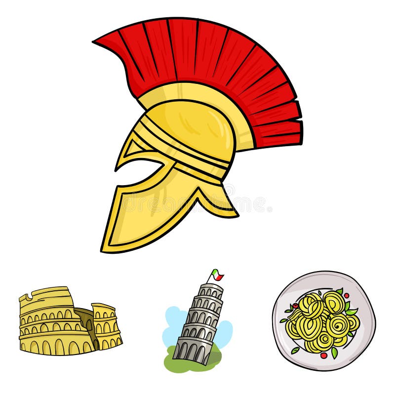 Pisa tower, pasta, coliseum, Legionnaire helmet.Italy country set collection icons in cartoon style vector symbol stock