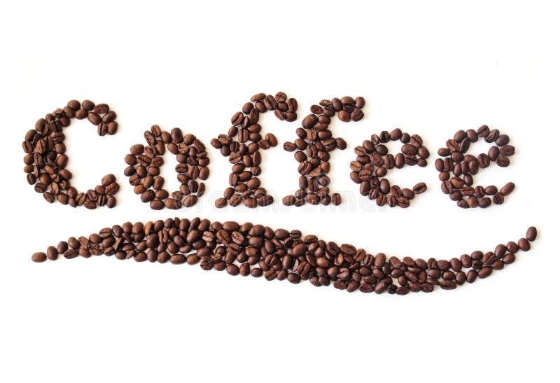 The word coffee written by coffee beans. The word coffee written by coffee beans