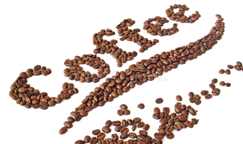 The word coffee written by coffee beans. The word coffee written by coffee beans