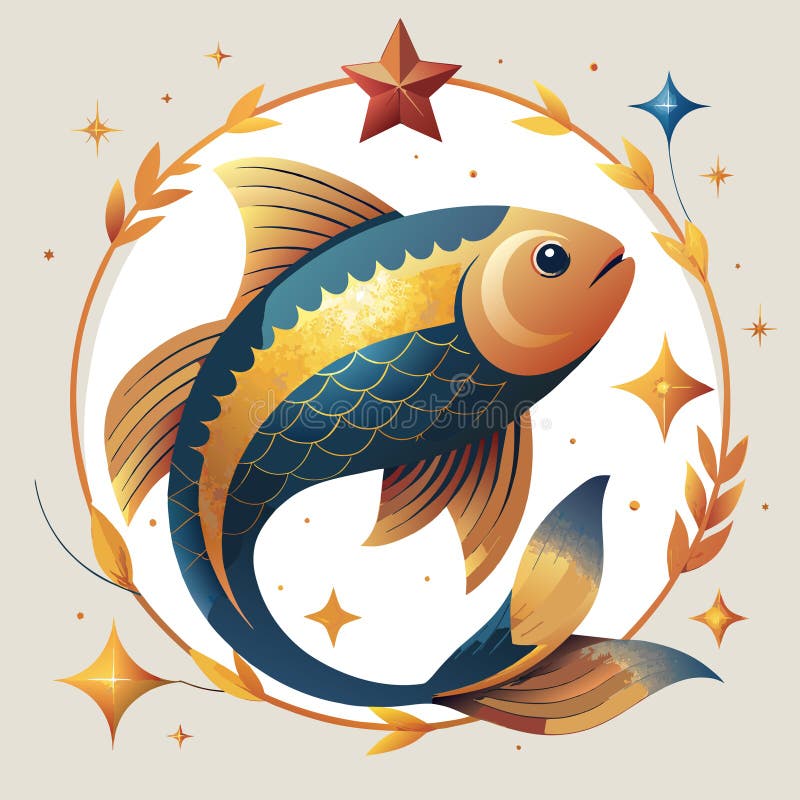 Pisces with golden stars illustration on white background stock illustration