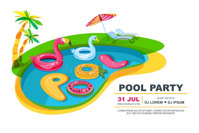 Piscina con los juguetes flotantes de los niños Ilustración del vector Vare el cartel del partido, aviador, plantilla del diseño stock de ilustración Piscina con los juguetes flotantes de los niños Ilustración del vector Vare el cartel del partido, aviador, plantilla del diseño stock de ilustración