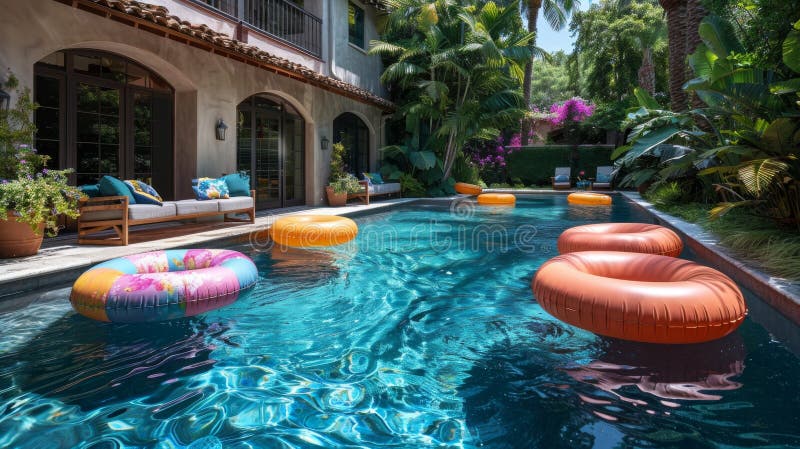 ideal summer relaxation spot for the family: backyard pool with clear water and colorful floaties AI generated. ideal summer relaxation spot for the family: backyard pool with clear water and colorful floaties AI generated