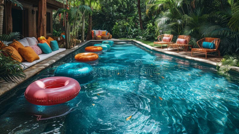 an inviting backyard pool with clear water and colorful floaties, ideal for family summer relaxation AI generated. an inviting backyard pool with clear water and colorful floaties, ideal for family summer relaxation AI generated