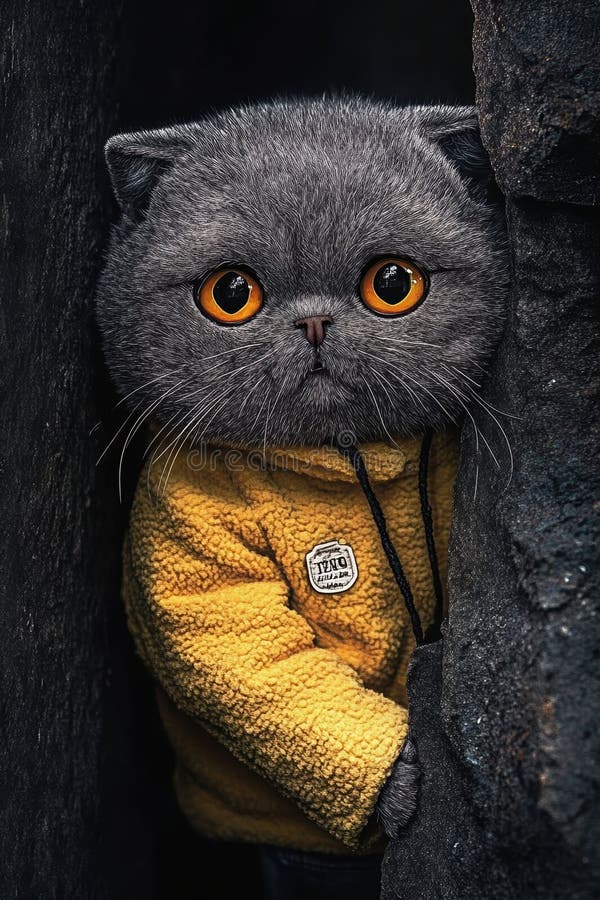 Pisicuta gri adorabil cu ochi mari de chihlimbar purtând o jachetă galbenă pisică amuzantă care se uită din copac întunecat sau ro stock illustration