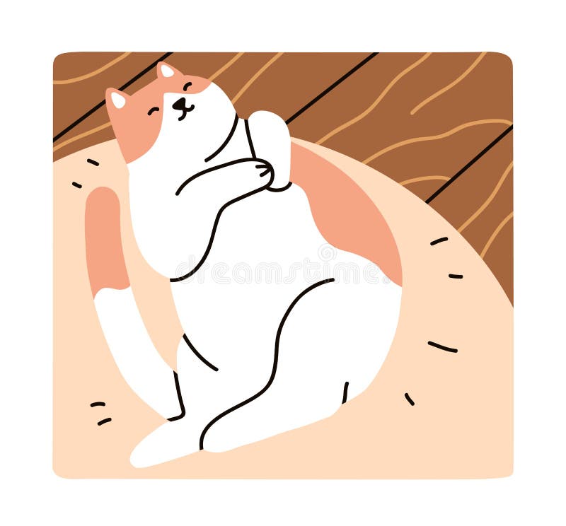 Pisicuță drăguță și relaxată dormind în pat de pisică. animal fericit și somnoros care stă pe pernă acasă. pisoi dolofan și leneș stock illustration