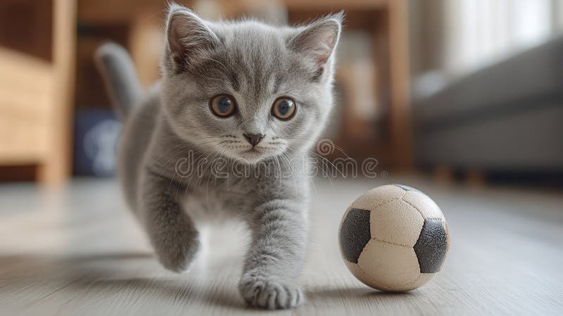 Pisicuță gri adorabilă jucând cu o minge mică de fotbal în interior vector illustration