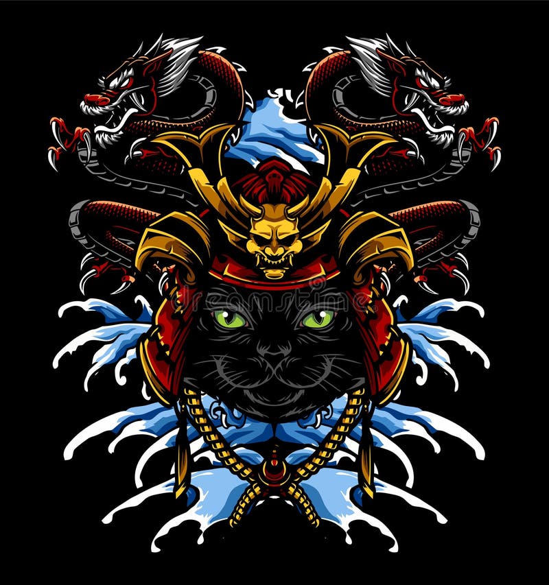 Pisică cu cască de samurai, flancată de doi dragoni stock illustration