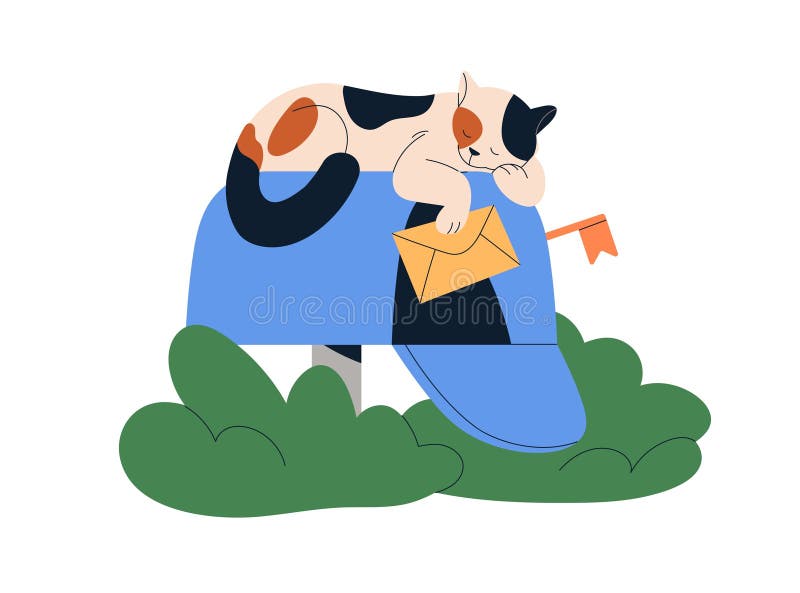 Pisică dormind în cutia poștală. pisicuță drăguță și amuzantă care doarme pe cutia poștală cu plic. mesaj de e-mail scrisoare royalty free illustration