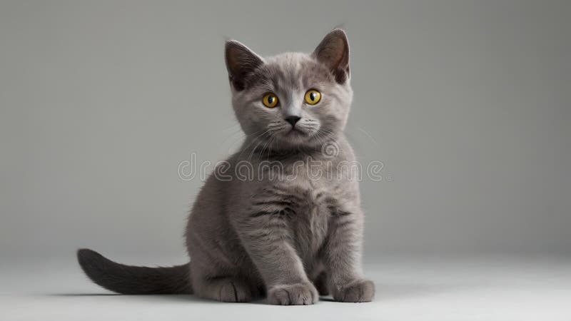 Pisică gri gri adorabilă care se prezintă pe un fond neutru. O pisică fermecătoare de 5 luni care își arată haina gri izbitoare și ochii galbeni captivanți. pisicuța se așează cu atenție pe un fond gri neutru, care oferă o imagine curată și elegantă, ideală pentru proiectele sau publicațiile legate de petarde. acest conținut este generat de AI