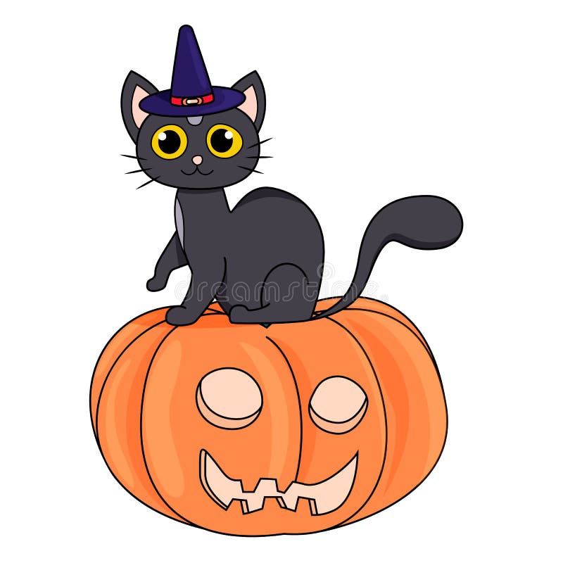Pisică neagră drăguță într-o pălărie de vrăjitoare stând pe un dovleac de Halloween pe fond alb stock illustration
