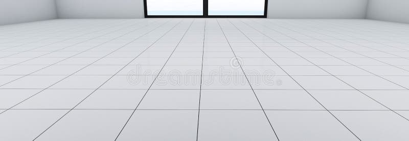 Piso branco com ladrilhos de cerâmica em perspectiva. uma sala com uma janela no chão com azulejo branco limpo e brilhante com