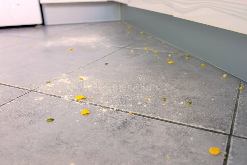 Piso sucio con sobras de la comida, harina, avenas de la cocina después de cocinar Opinión del primer fotografía de archivo Piso sucio con sobras de la comida, harina, avenas de la cocina después de cocinar Opinión del primer fotografía de archivo