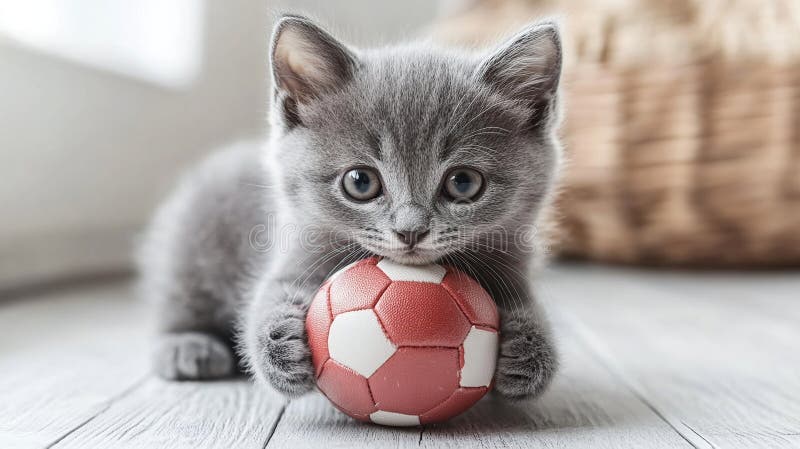 Pisoi gri adorabil jucând cu o minge de fotbal mică pe un podea din lemn stock illustration