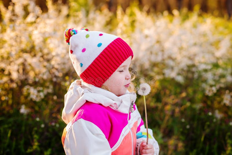 Pissenlit de soufflement d'enfant heureux dehors photos stock Pissenlit de soufflement d'enfant heureux dehors photos stock