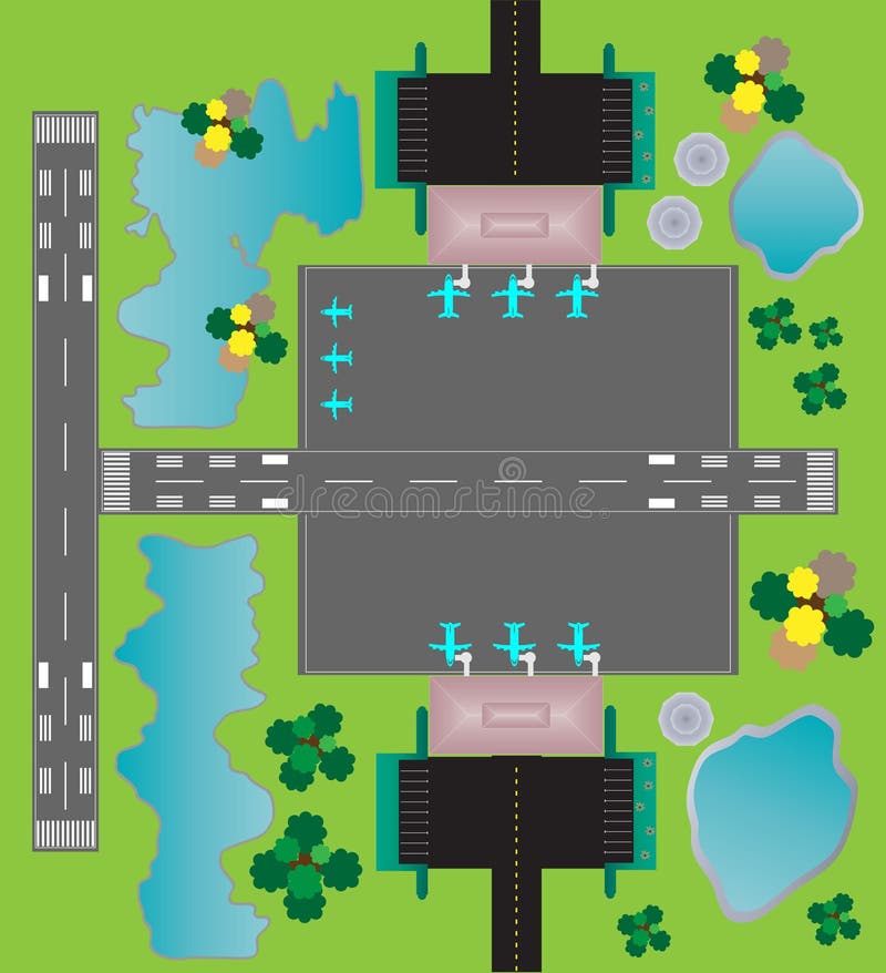 Pista de rodaje y Buildin del estacionamiento de la pista del gemelo de la opinión superior de la disposición del aeropuerto ilustración del vector Pista de rodaje y Buildin del estacionamiento de la pista del gemelo de la opinión superior de la disposición del aeropuerto ilustración del vector