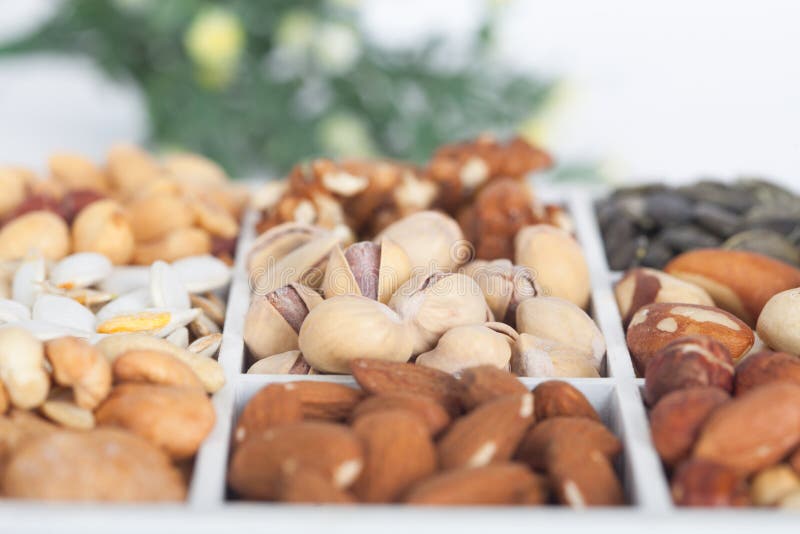 Pistaches, arachides, noix, amandes, noisettes, noix du brésil, graine de citrouille et anarcadiers, plan rapproché photos libres de droits Pistaches, arachides, noix, amandes, noisettes, noix du brésil, graine de citrouille et anarcadiers, plan rapproché photos libres de droits