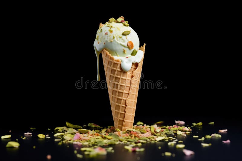 Pistachio almond ice cream cone close-up on white stock photography