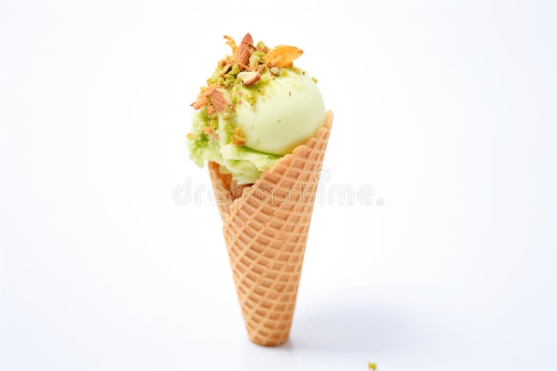 Pistachio almond ice cream cone close-up on white royalty free stock photo