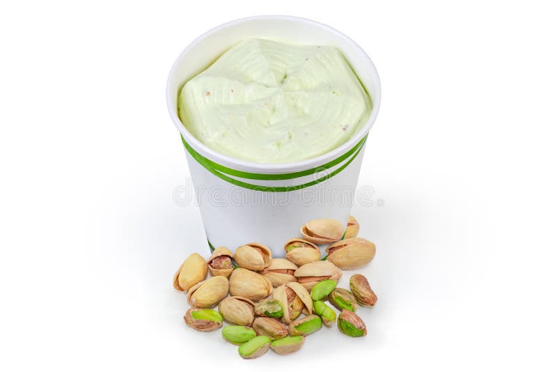 Pistachio Ice Cream in Paper Cup among the Pistachio Nuts Stock Image