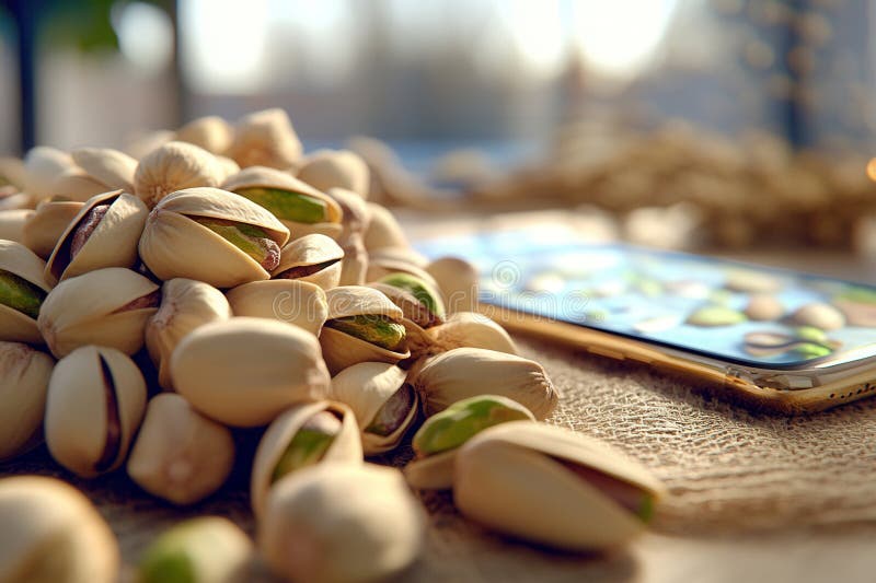 Pistachios resting on burlap with smartphone displaying pistachio image stock photos