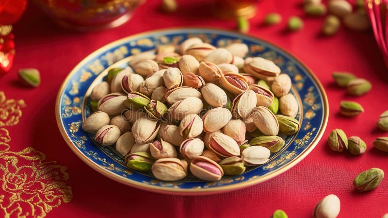 Pistachios resting on elegant plate for chinese new year celebration royalty free stock photos