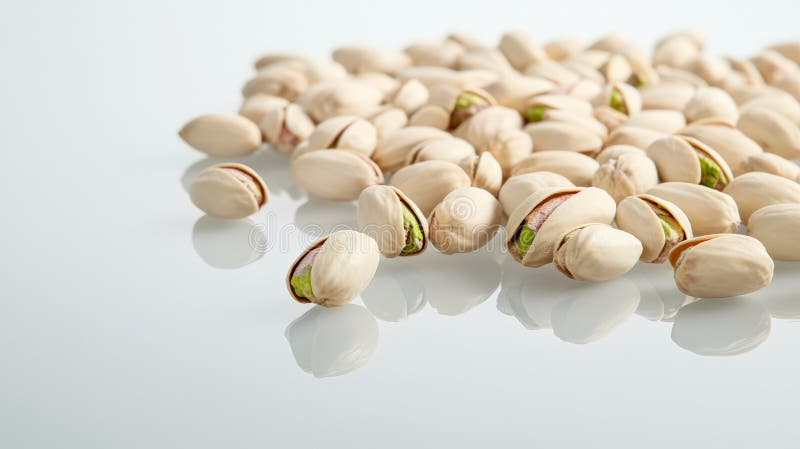 Pistachios resting on reflective surface, creating appealing visual. Numerous pistachios are scattered across a reflective surface, their shells slightly open, revealing the vibrant green nut within, creating a visually enticing arrangement with mirrored reflections AI generated