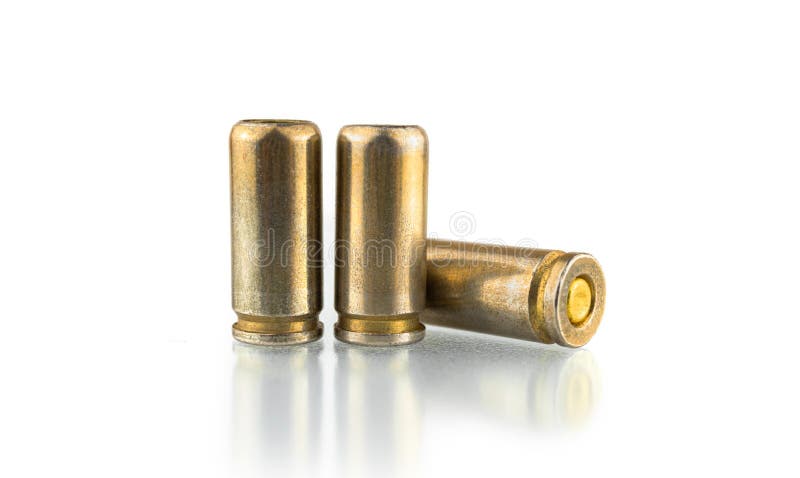 Pistol bullets isolated on white background, 9mm shells for a gun