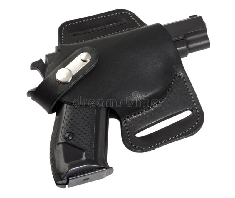 Automatic pistol in holster black color. Automatic pistol in holster black color.