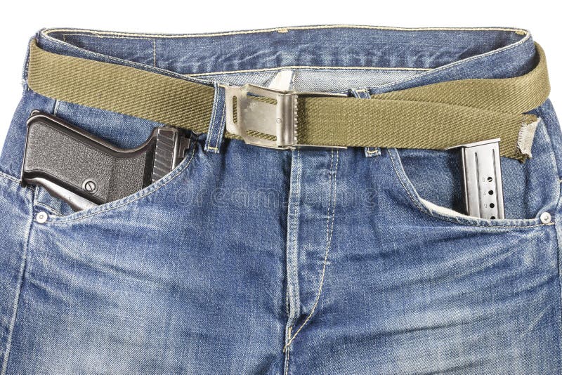 Pistol in the Pocket of Jeans Stock Photo Image of belt, security