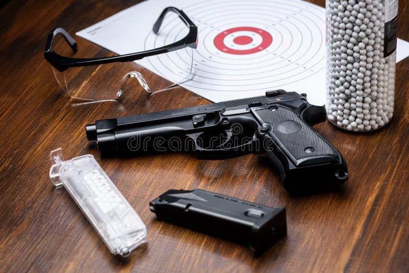 Pistol Replica, Shield, Glasses, Speedloader and Plastic Balls Stock