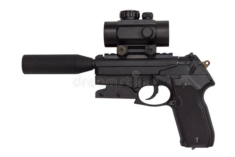 Uma Pistola De Brinquedo Preto Com Um Silenciador. Armas Infantis. Sobre Um  Fundo Branco Isolado Imagem de Stock - Imagem de disparar, incêndio:  214034477