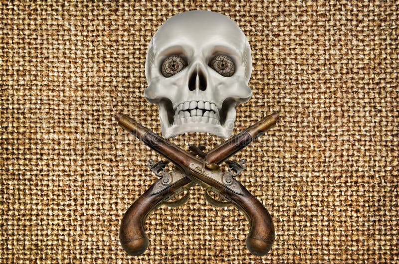 Pistolas e modelo antigos do crânio no fundo do pano ilustração stock Pistolas e modelo antigos do crânio no fundo do pano ilustração stock