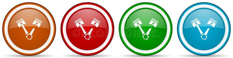 Pistons glossy icons, set of modern design buttons for web, internet and mobile applications in four colors options isolated on white background.