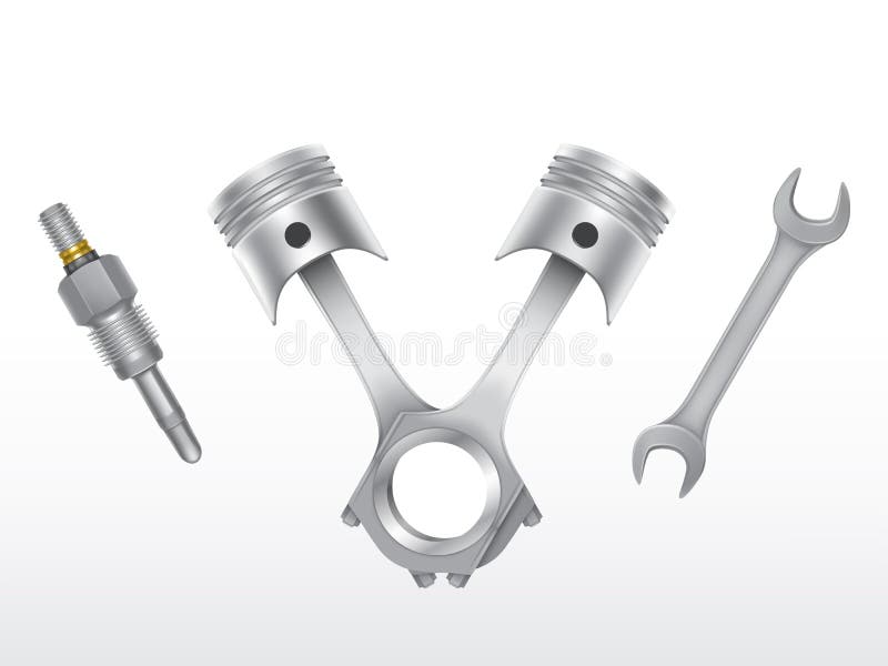 Vector realistic pistons, spark plug and wrench isolated on white background. Engine equipment and tool for car, motorbike. Shining mechanical element of motor. Objects for garage, service. Vector realistic pistons, spark plug and wrench isolated on white background. Engine equipment and tool for car, motorbike. Shining mechanical element of motor. Objects for garage, service.