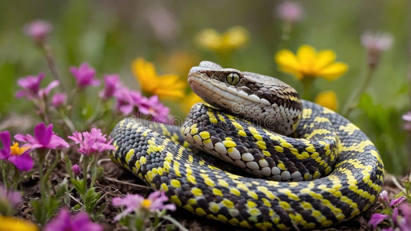 \'Pit Viper Wrapped in Vibrant Wildflowers, A Striking Contrast of Nature vector illustration
