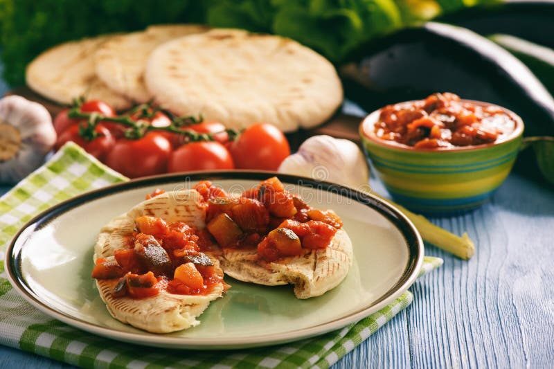 Pita Bread with Vegetable Spread Mediterranean Kitchen Style. Stock