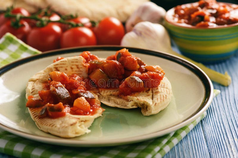 Pita Bread with Vegetable Spread Mediterranean Kitchen Style. Stock
