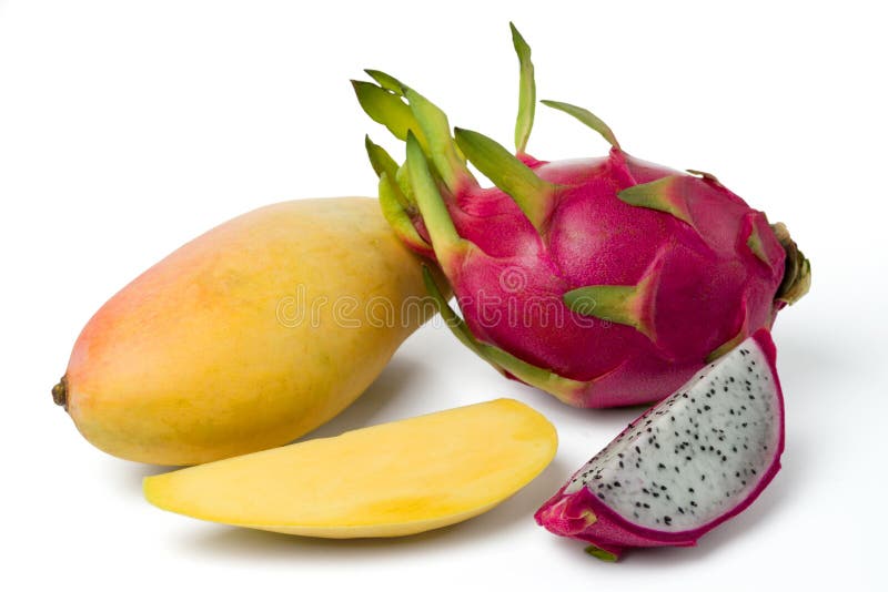 Pitaya and mango fruits. Whole fruits and slices. Isolated on white stock image Pitaya and mango fruits. Whole fruits and slices. Isolated on white stock image