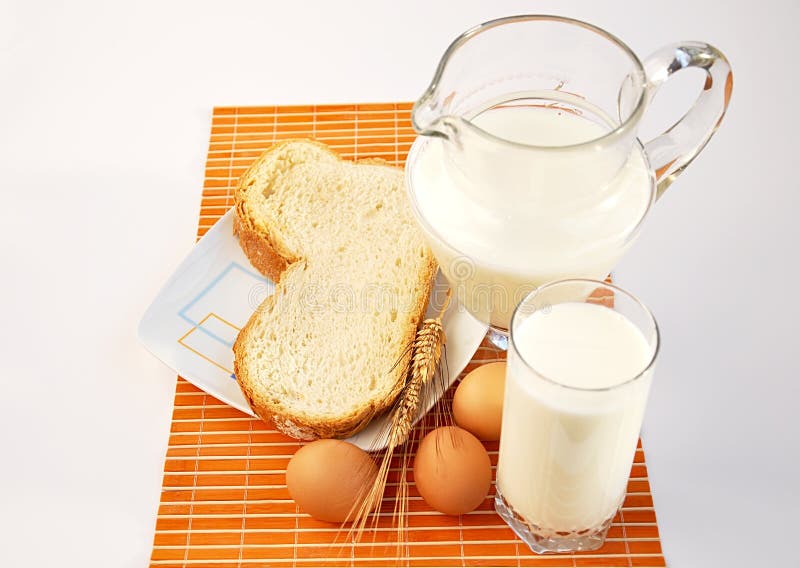 Pitcher of milk, wheat, bread and eggs.