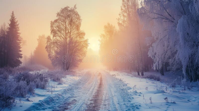 Pittoresca strada panoramica con alberi congelati nella foresta invernale all'alba di nebbia bel paesaggio di neve illustrazione di stock