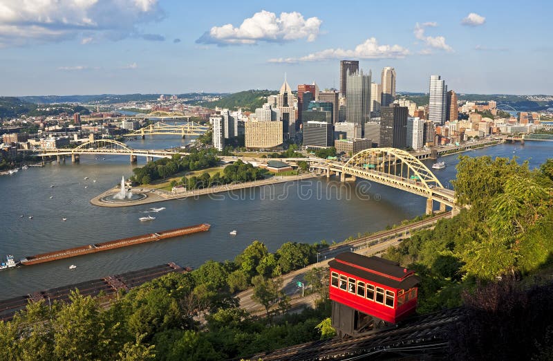 Summer evening panorama of downtown Pittsburgh, Pennsylvania, with the Duquesne Incline. Summer evening panorama of downtown Pittsburgh, Pennsylvania, with the Duquesne Incline