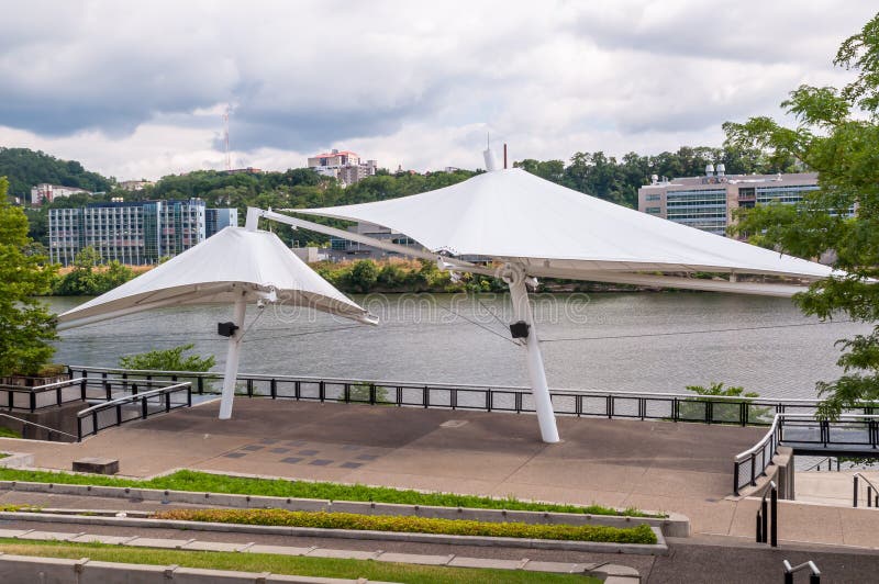 Pittsburgh, Pennsylvania, USA 7/13/20 Two large tents over a stage in the South Shore Riverfront Park