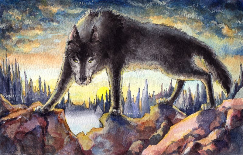 Pittura acquosa di colore di lupo nero aggressiva sotto il cielo serale illustrazione di stock