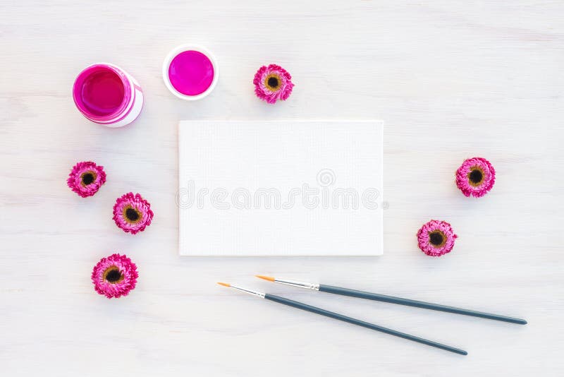 Pittura acrilica rosa luminosa e tela in bianco immagini stock Pittura acrilica rosa luminosa e tela in bianco immagini stock