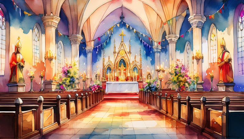 Pittura ad acquerello di un interno di una chiesa decorato in festa con cuoio e candele colorati royalty illustrazione gratis