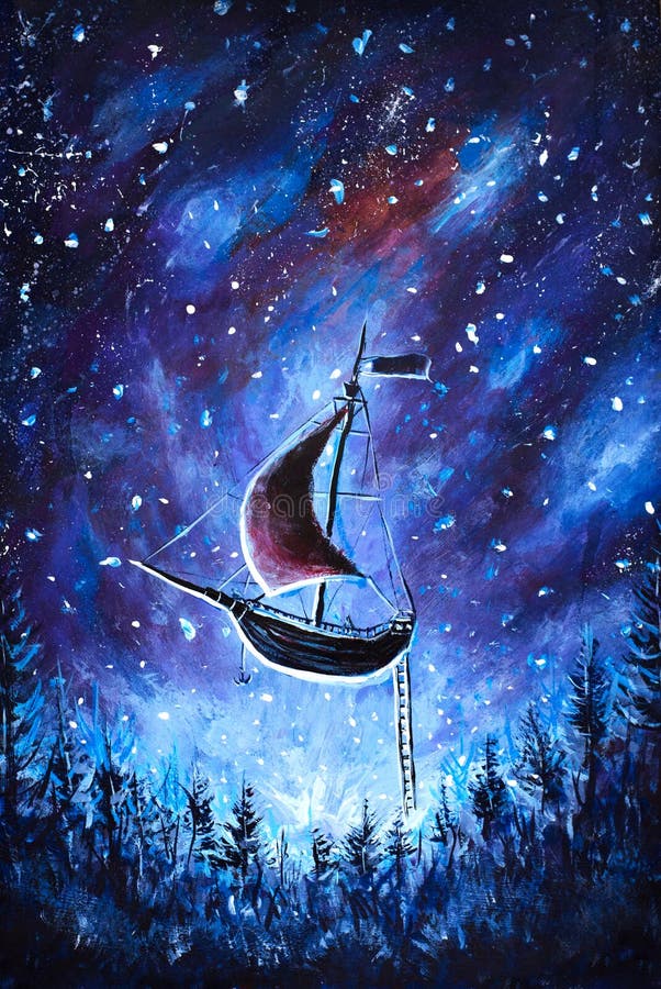 Pittura che pilota una vecchia nave di pirata La nave del mare sta volando sopra il cielo stellato Una fiaba, un sogno Peter Pan illustrazione di stock Pittura che pilota una vecchia nave di pirata La nave del mare sta volando sopra il cielo stellato Una fiaba, un sogno Peter Pan illustrazione di stock