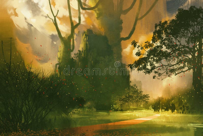 Pittura del paesaggio, montagna, alberi giganti royalty illustrazione gratis Pittura del paesaggio, montagna, alberi giganti royalty illustrazione gratis
