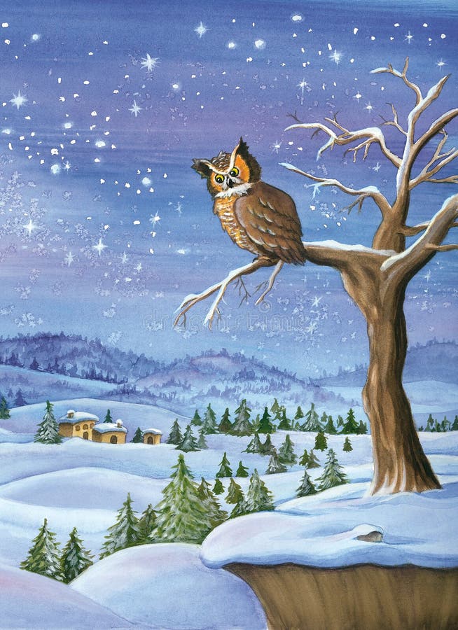 Pittura dell'acquerello del paesaggio di inverno illustrazione di stock Pittura dell'acquerello del paesaggio di inverno illustrazione di stock